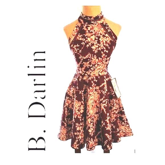 B. Darlin Floral Fit & Flare Mini Dress Sz 3 /4 Red Sleeveless Prom Wedding Glam - Picture 2 of 14